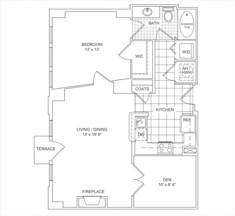 Floor plan for 1 bed, 1 bath, 828 sqft